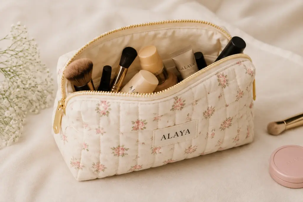 ALAYA handmade floral quilted makeup pouch with gold zipper.
